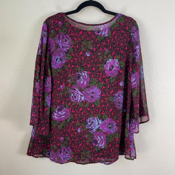 Isaac Mizrahi Live! Womens Plus 1X Floral Blouse Purple Red 3/4 Sleeve Shirt Top - Picture 9 of 10